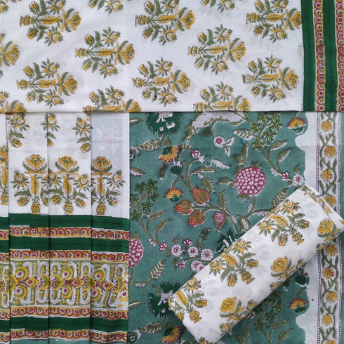 Floral Jaal Hand Block Print Cotton Suit Set with Mulmul Dupattta (PRMUL49)